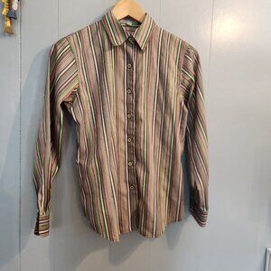 Foxcroft No Iron pink green striped button down long sleeve blouse shirt
